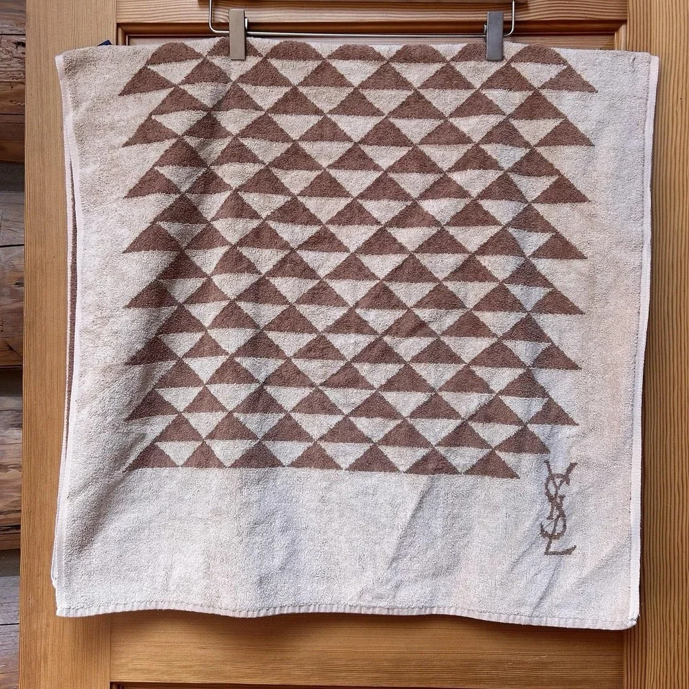 VTG 70s Yves Saint Laurent YSL Luxury Bath Towel Logo Brown/Beige Geometric Mod